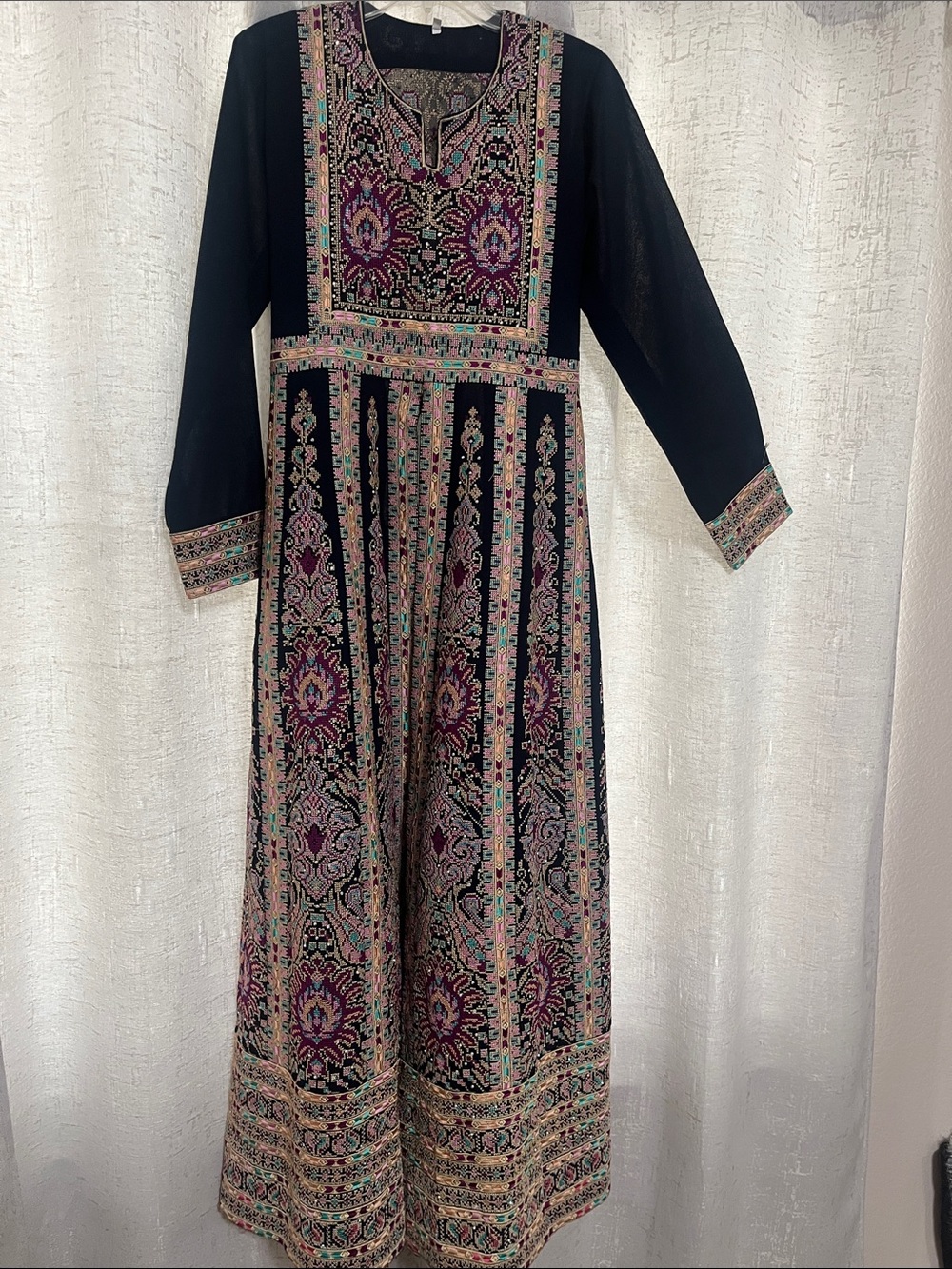 Embroidered Navy Blue Maxi Dress with Pink & Teal Accents